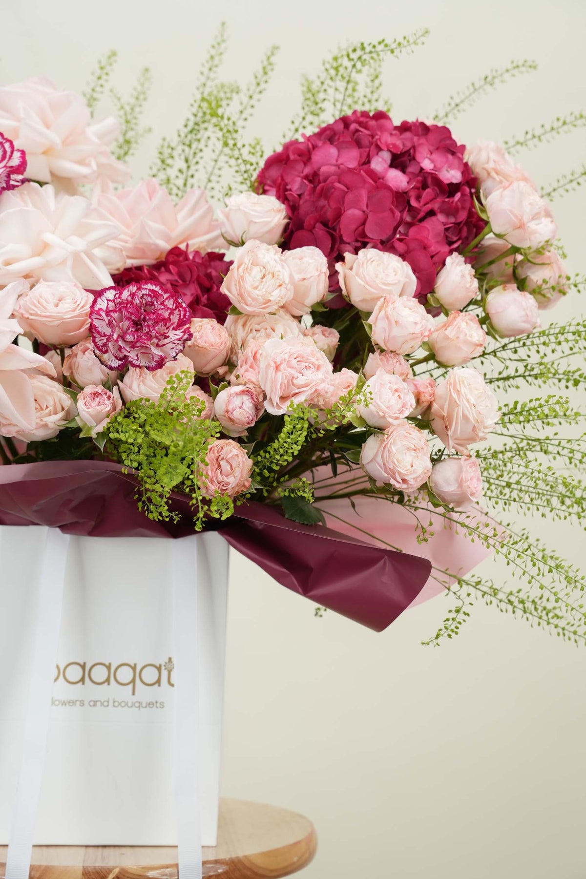 Velvet Magenta Hydrangea Bag Arrangement