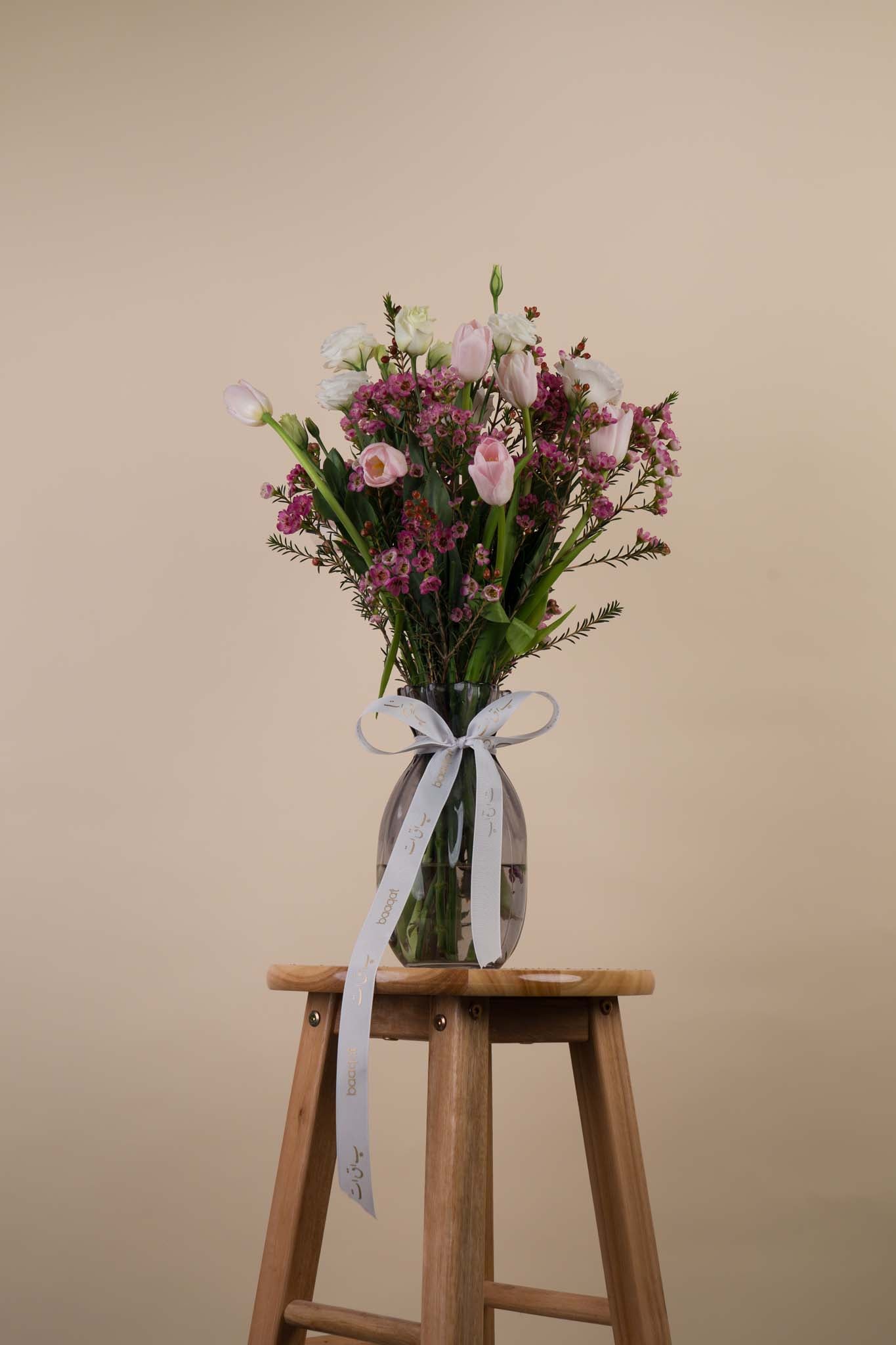 Blush Garden Elegance – Pink Tulip & White Rose Vase