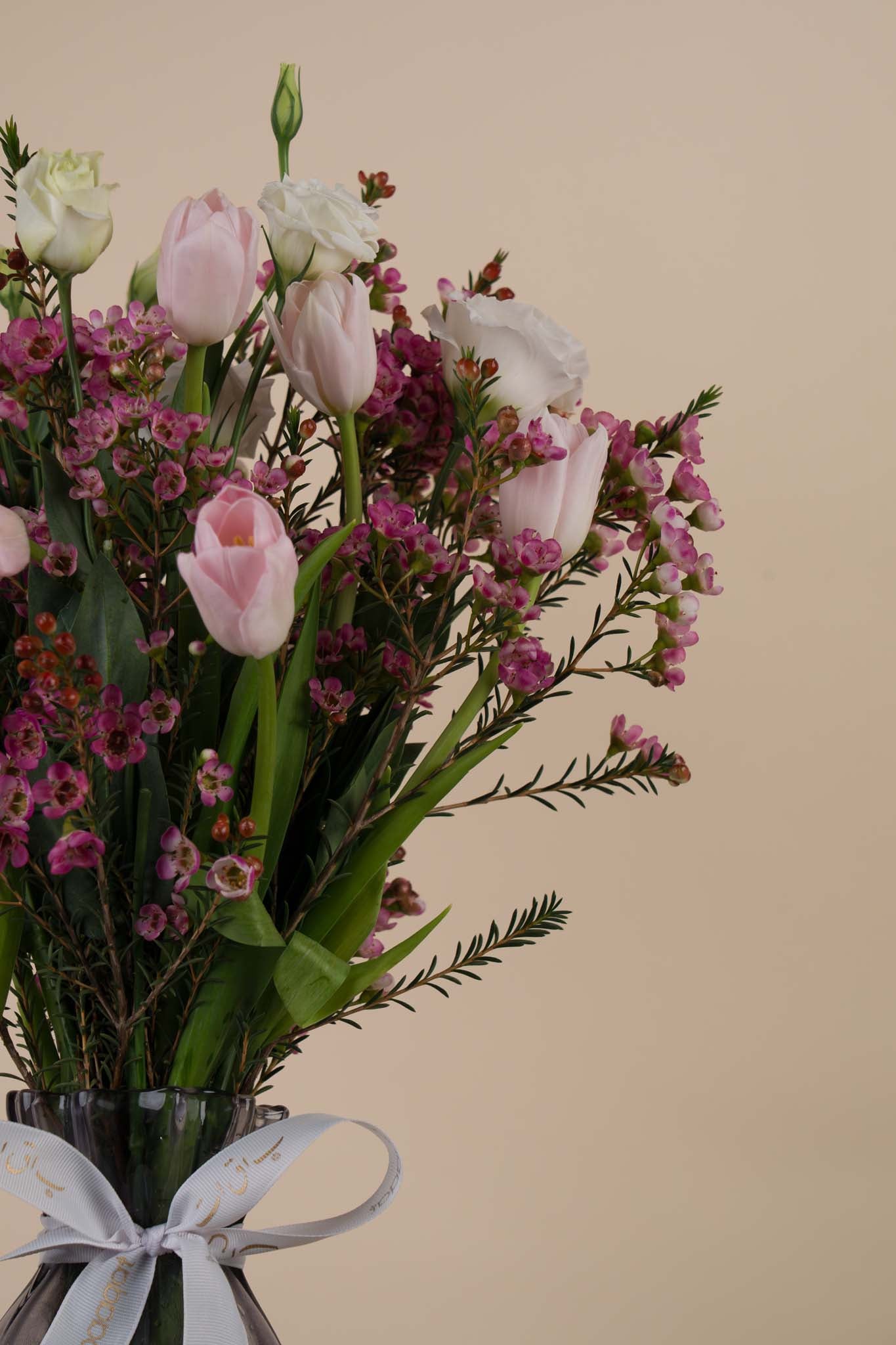 Blush Garden Elegance – Pink Tulip & White Rose Vase