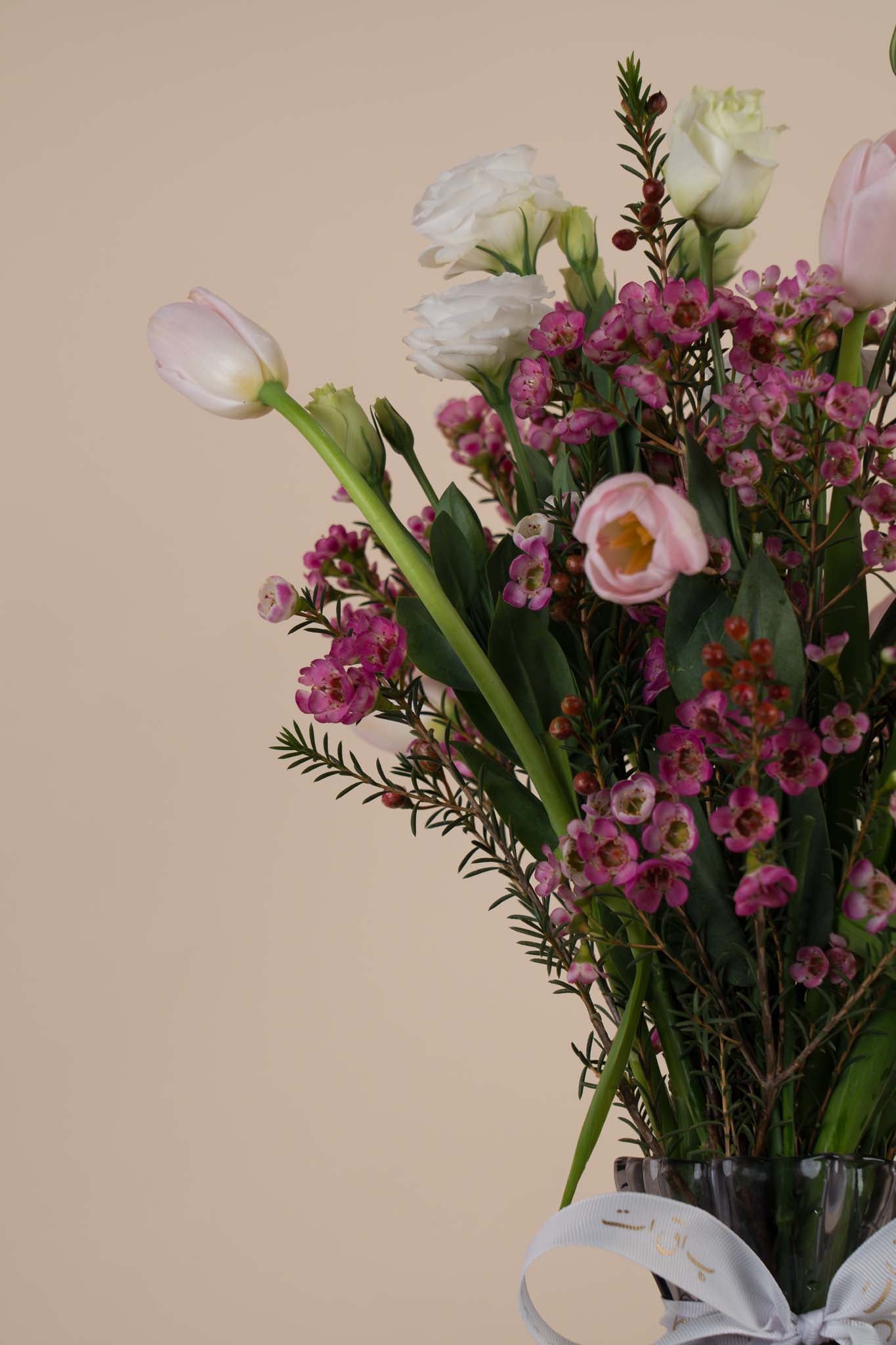 Blush Garden Elegance – Pink Tulip & White Rose Vase Arrangement