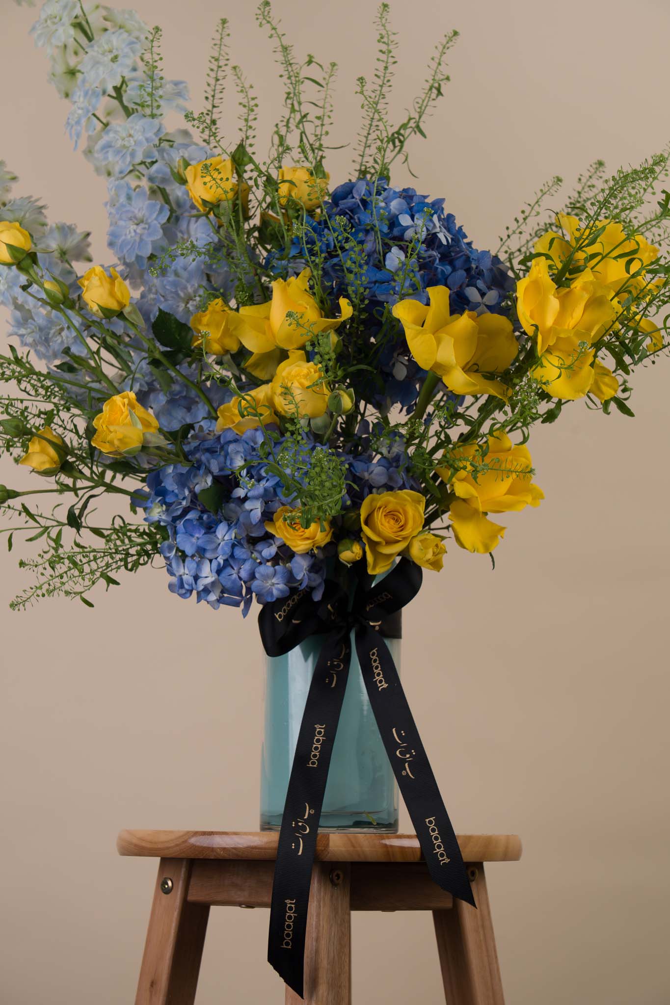 Sunshine & Sky – Yellow Roses with Blue Hydrangea Luxury Vase Arrangement