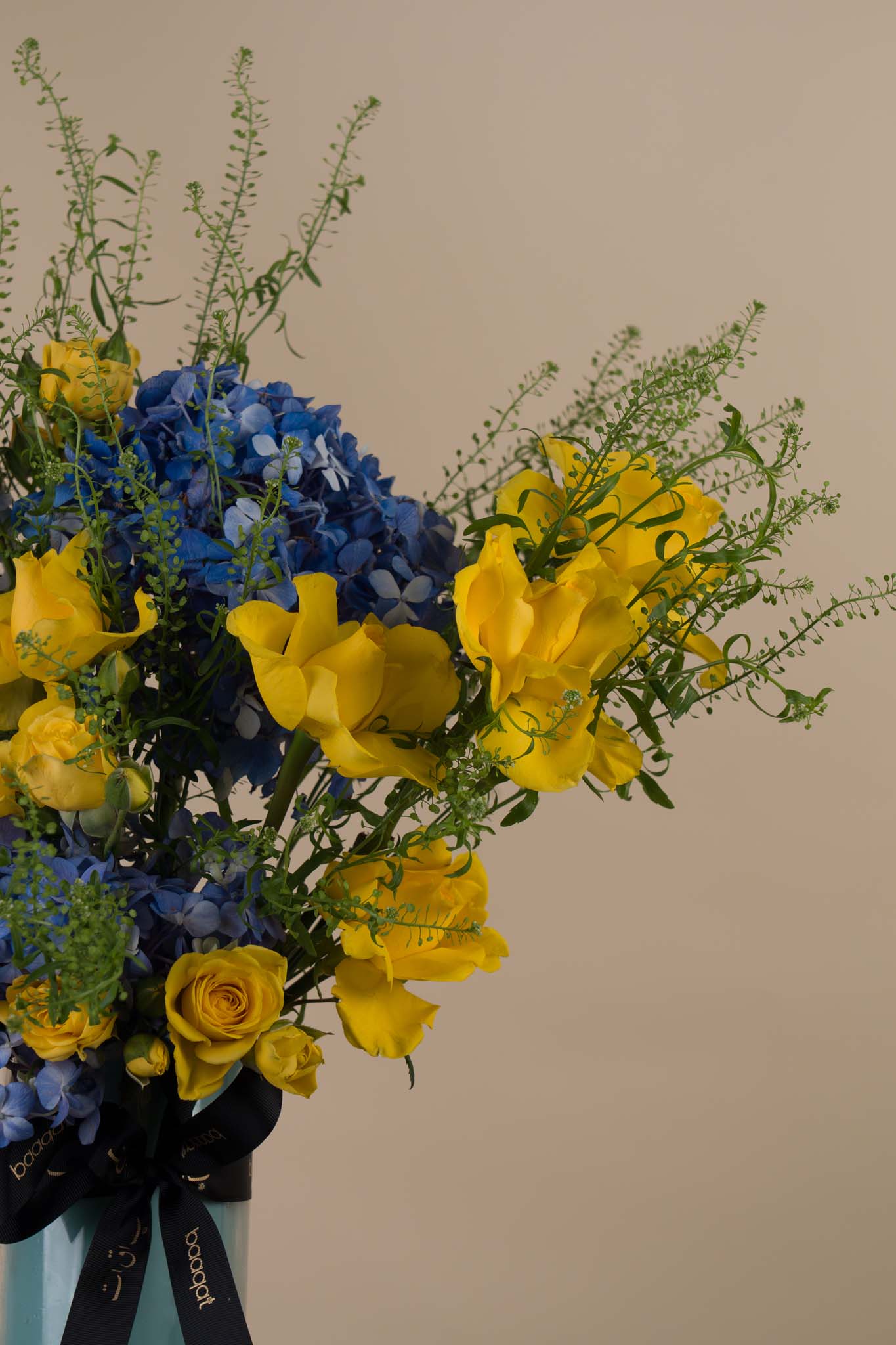 Sunshine & Sky – Yellow Roses with Blue Hydrangea Luxury Vase Arrangement