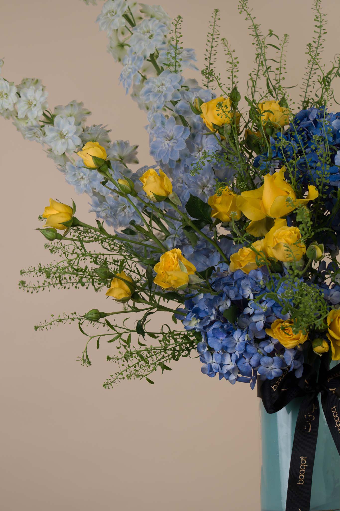 Sunshine & Sky – Yellow Roses with Blue Hydrangea Luxury Vase Arrangement