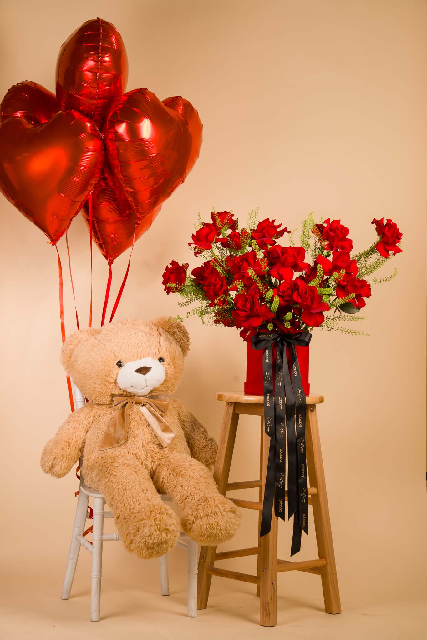 Red Roses Box with Teddy Bear & Heart Balloon