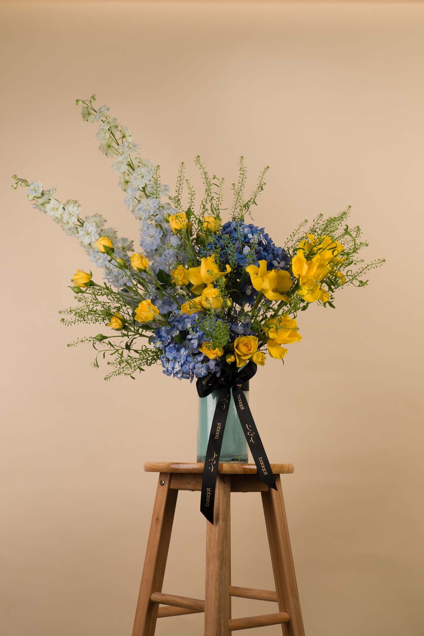 Sunshine & Sky – Yellow Roses with Blue Hydrangea Luxury Vase Arrangement
