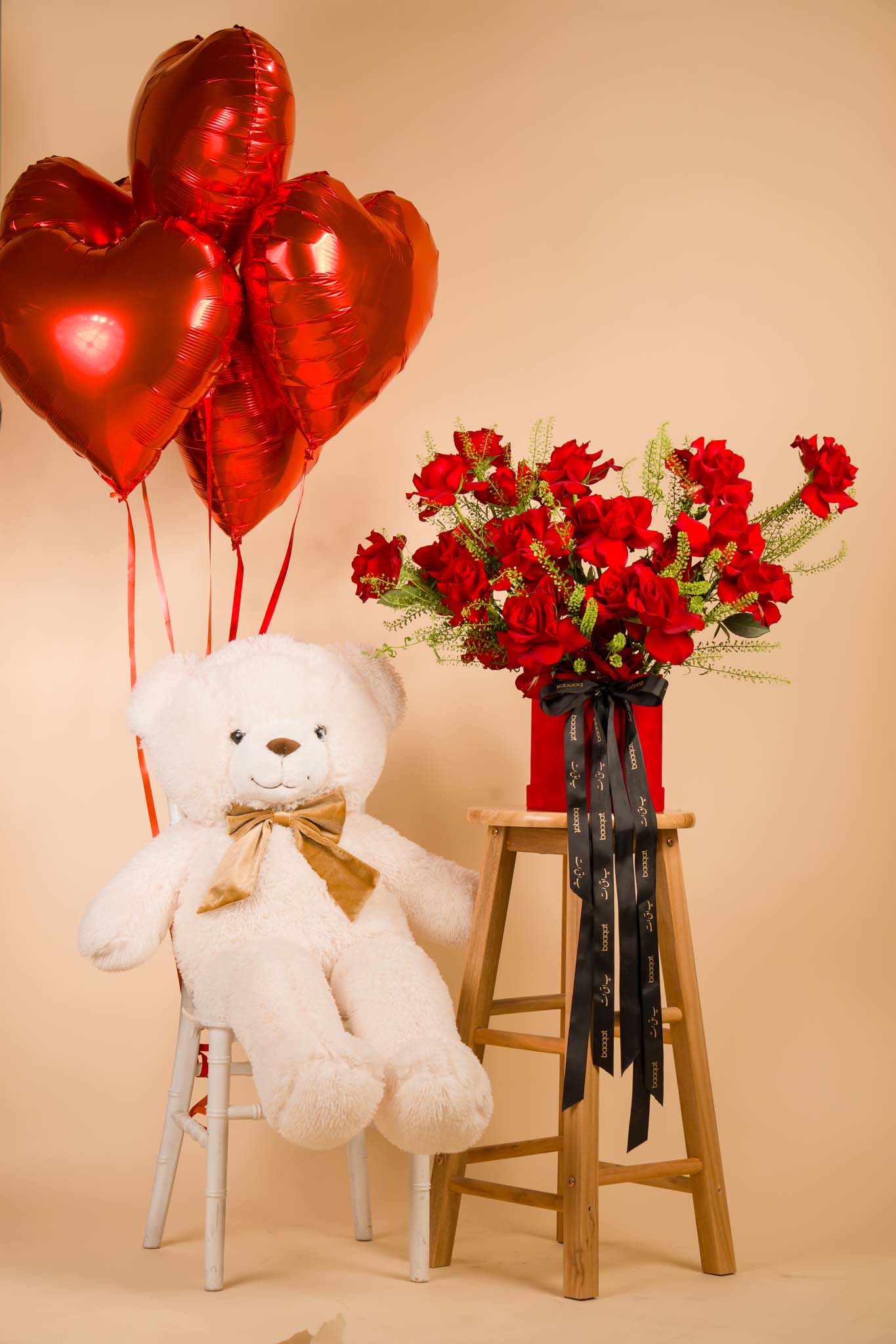 Luxury Red Roses Box with Teddy Bear & Heart Balloons