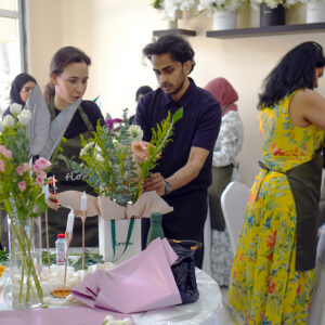 flower workshop in Dubai, Dubai flower arranging class, floral arrangement workshop Dubai, Flovia flower events, flower workshop UAE, bouquet making class Dubai
